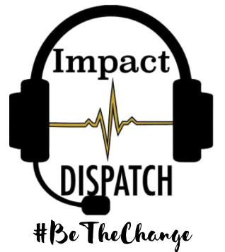 A logo for impact dispatch, with headphones and a heartbeat.
