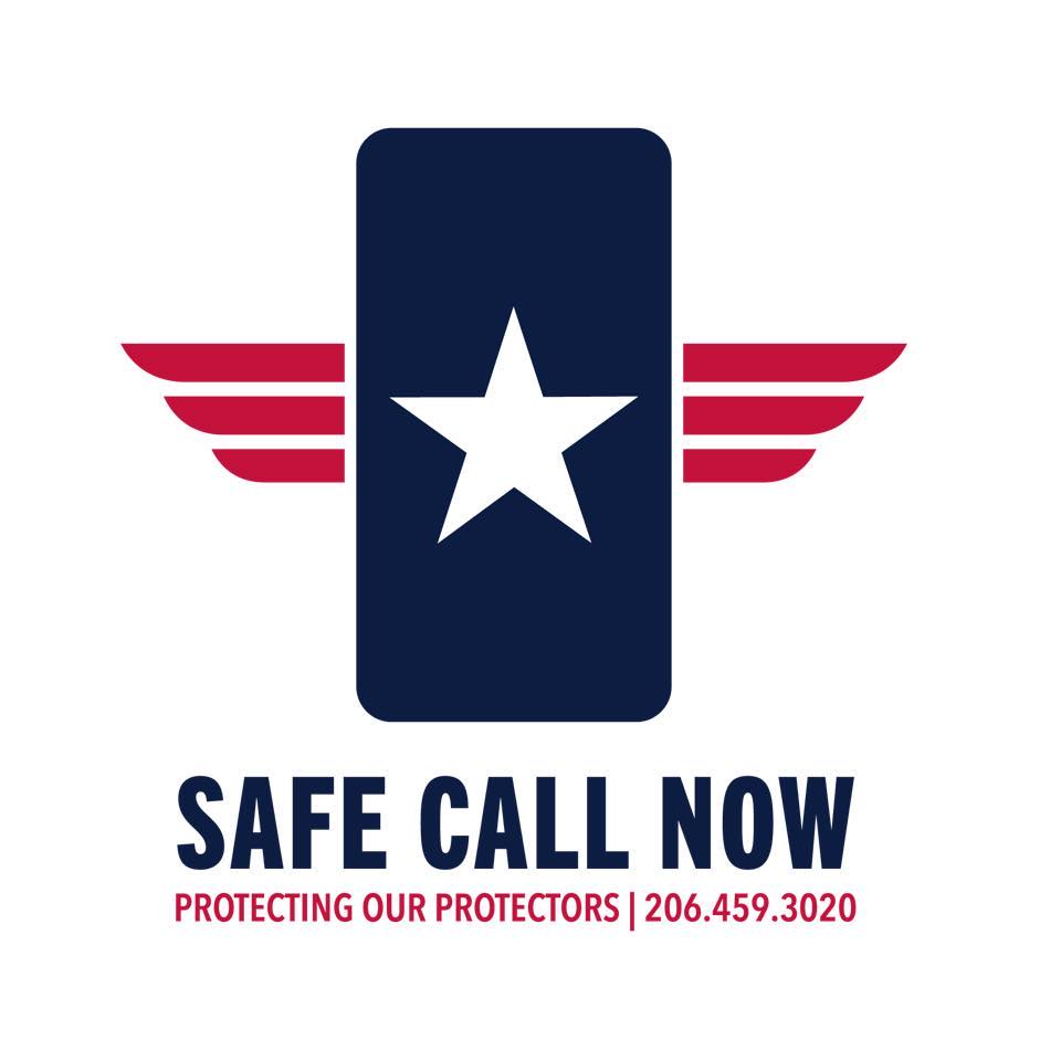 A red white and blue logo with the words " safe call now protecting our protectors ".