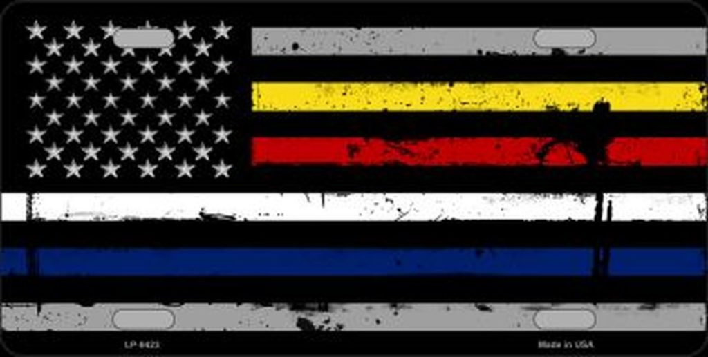 A flag with the colors of the american flag and the stars of the police, fire, and coast guard.