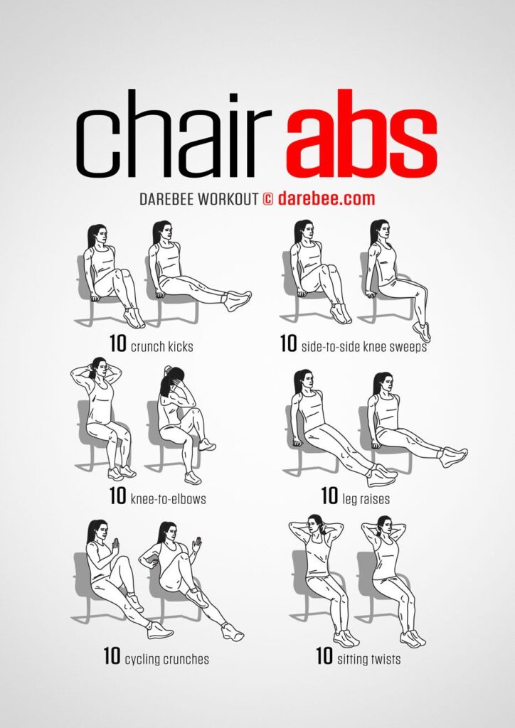 A woman is doing exercises on the chair.