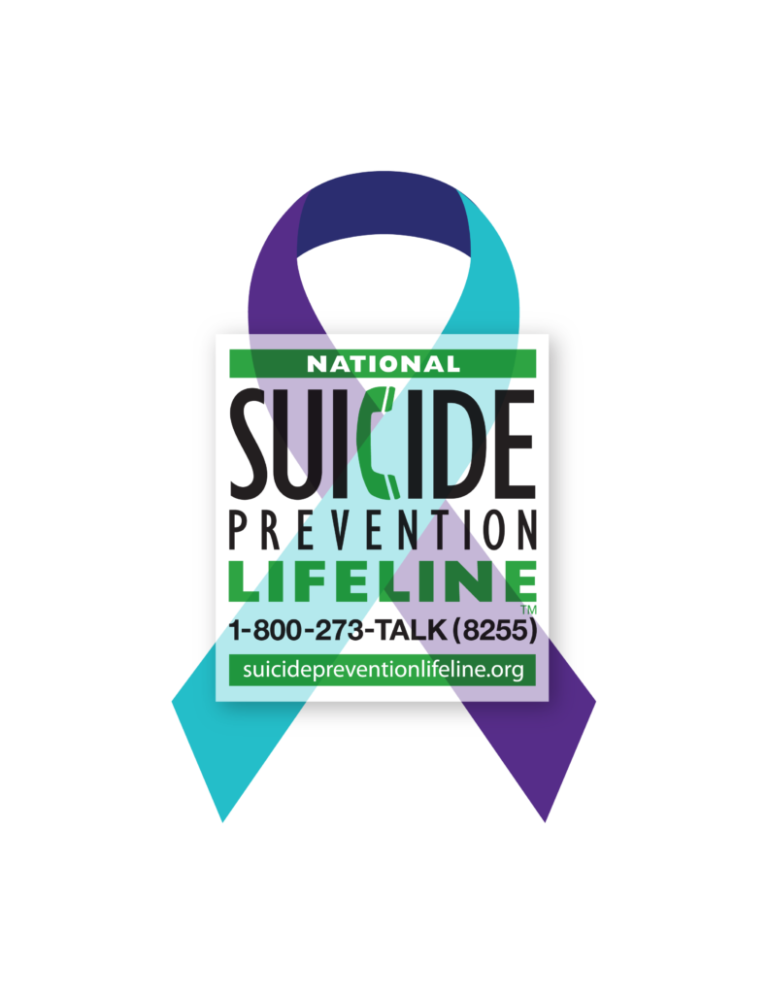 A blue and purple ribbon with the national suicide prevention lifeline logo.