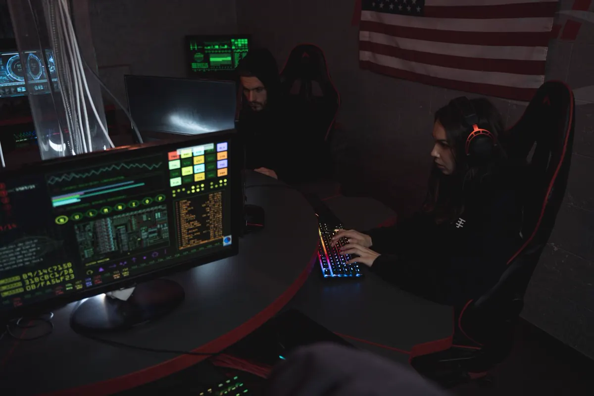 Team working in a communications center with wall monitors